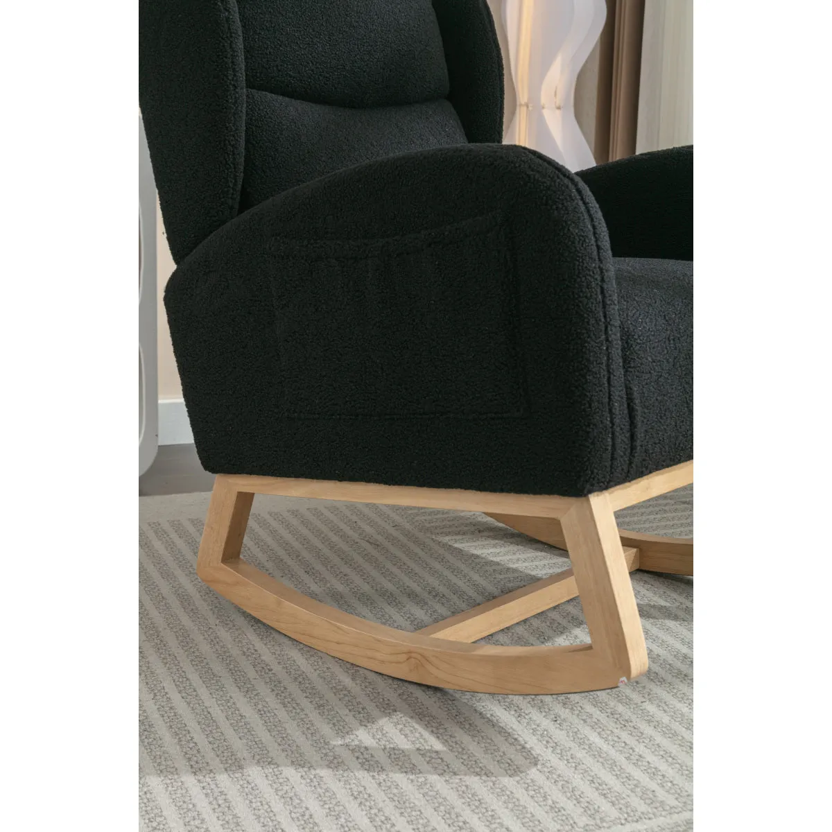 049-Teddy Fabric Rocking Chair With Packet Wood Legs,Black