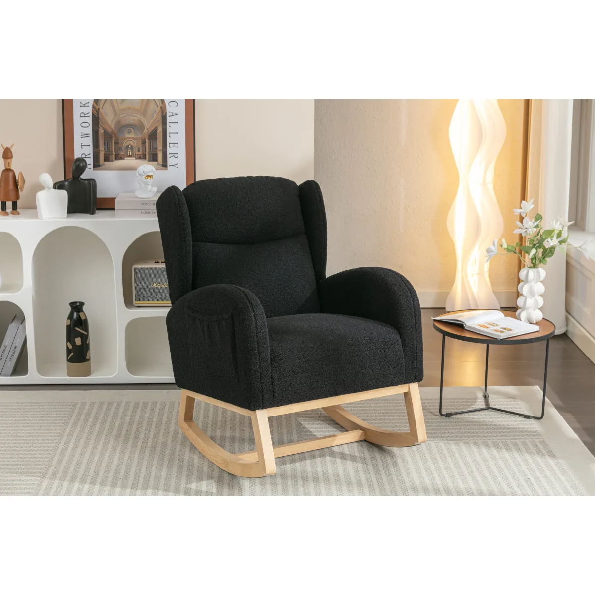 049-Teddy Fabric Rocking Chair With Packet Wood Legs,Black