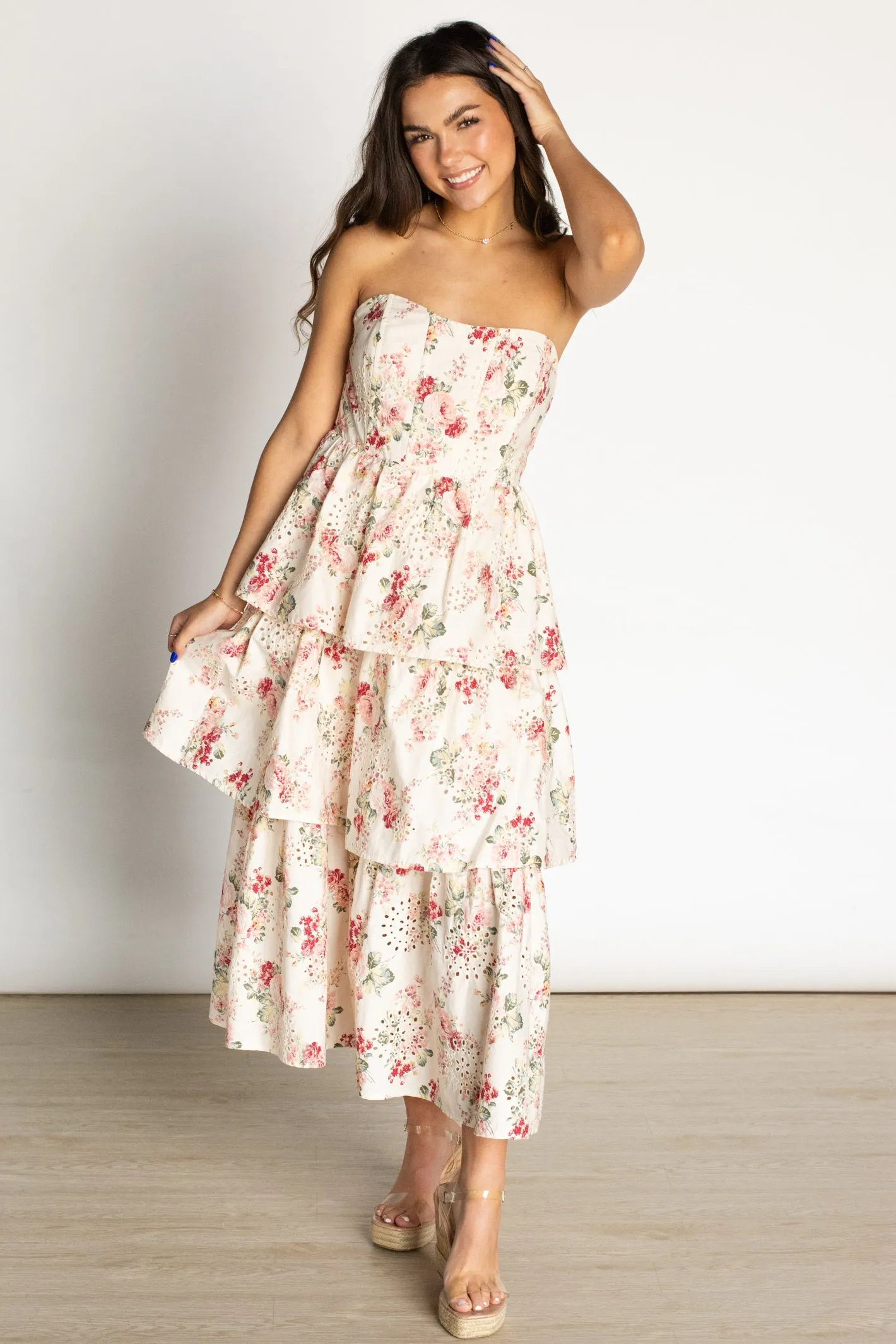 Adore the Feeling Floral Eyelet Corset Midi Dress