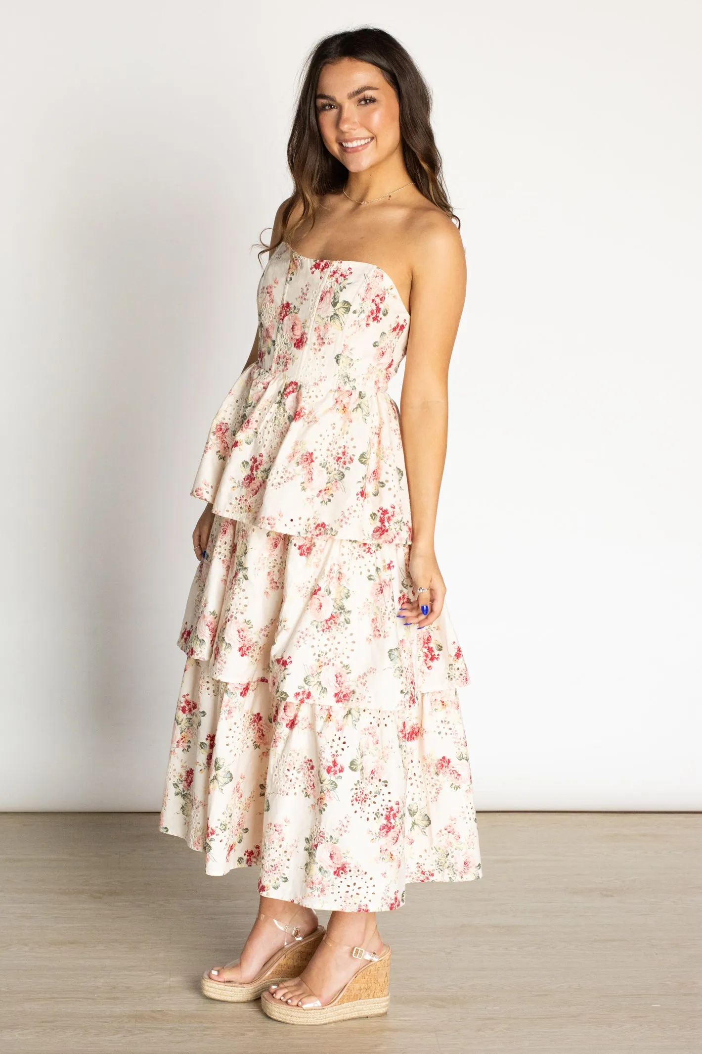 Adore the Feeling Floral Eyelet Corset Midi Dress