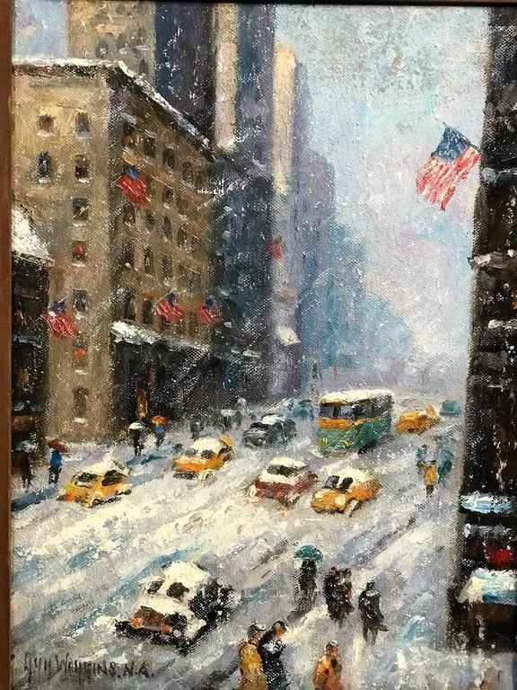 American Oil Painting New York City Winter Scene after Guy Wiggins