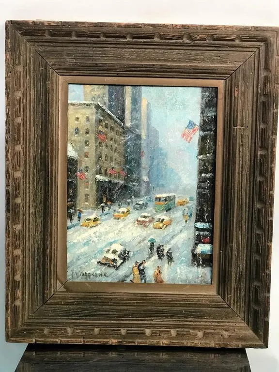 American Oil Painting New York City Winter Scene after Guy Wiggins