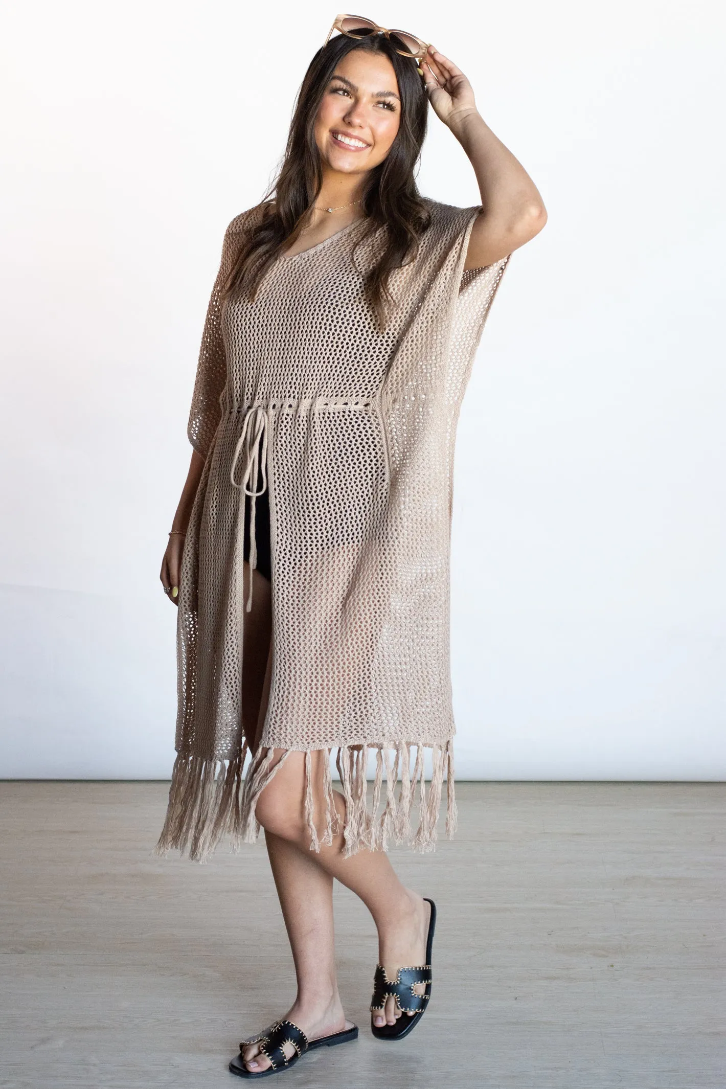 Away on Vacay Taupe Crochet Swim Cover Up