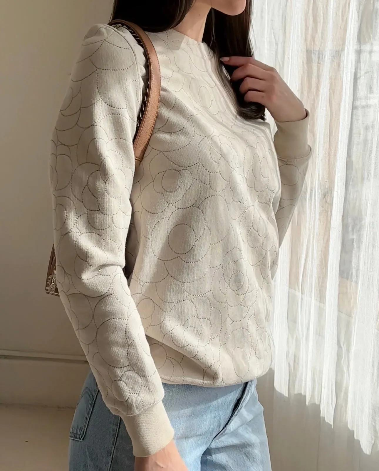 CHANEL BEIGE CAMELLIA EMBROIDERED SWEATSHIRT