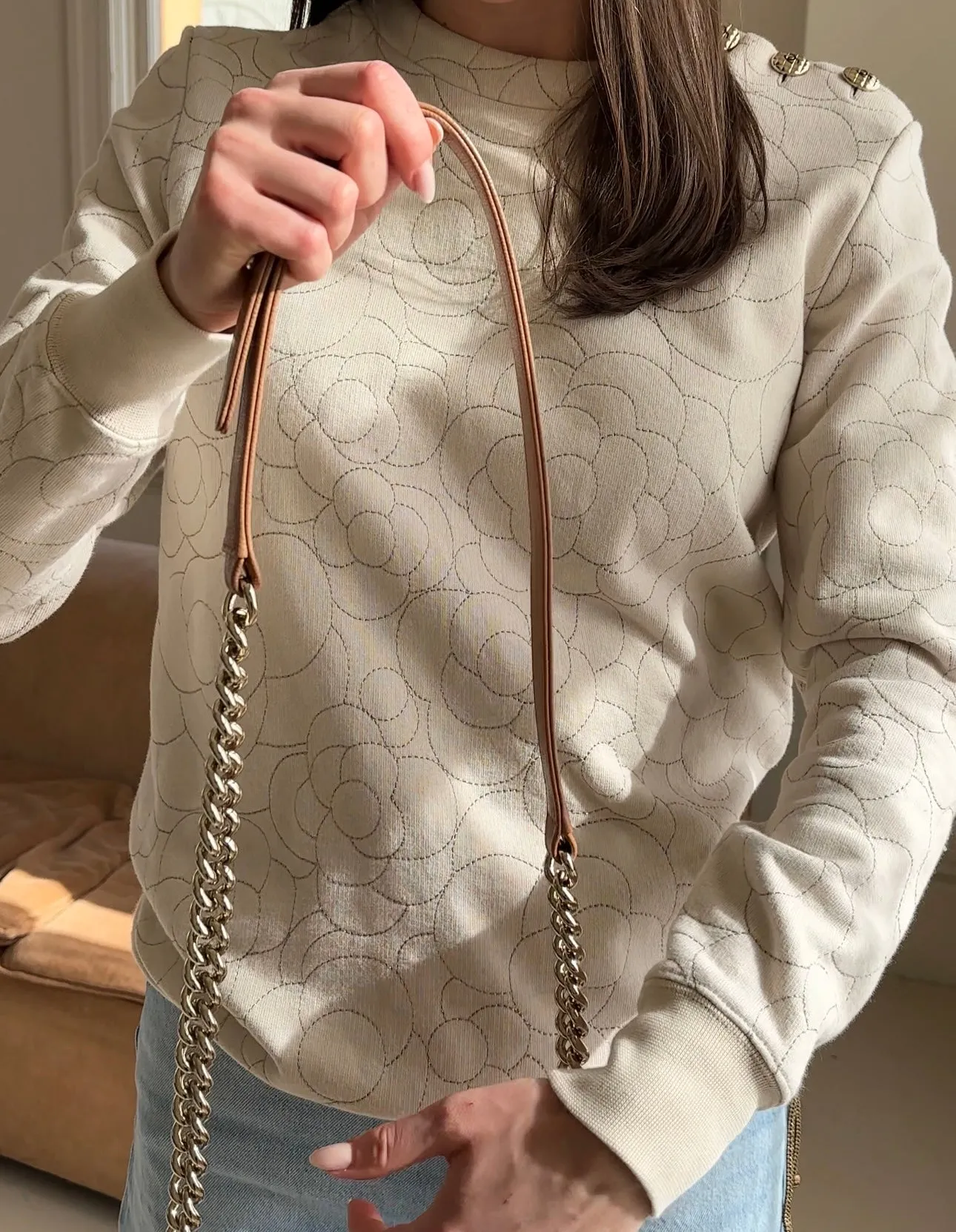 CHANEL BEIGE CAMELLIA EMBROIDERED SWEATSHIRT