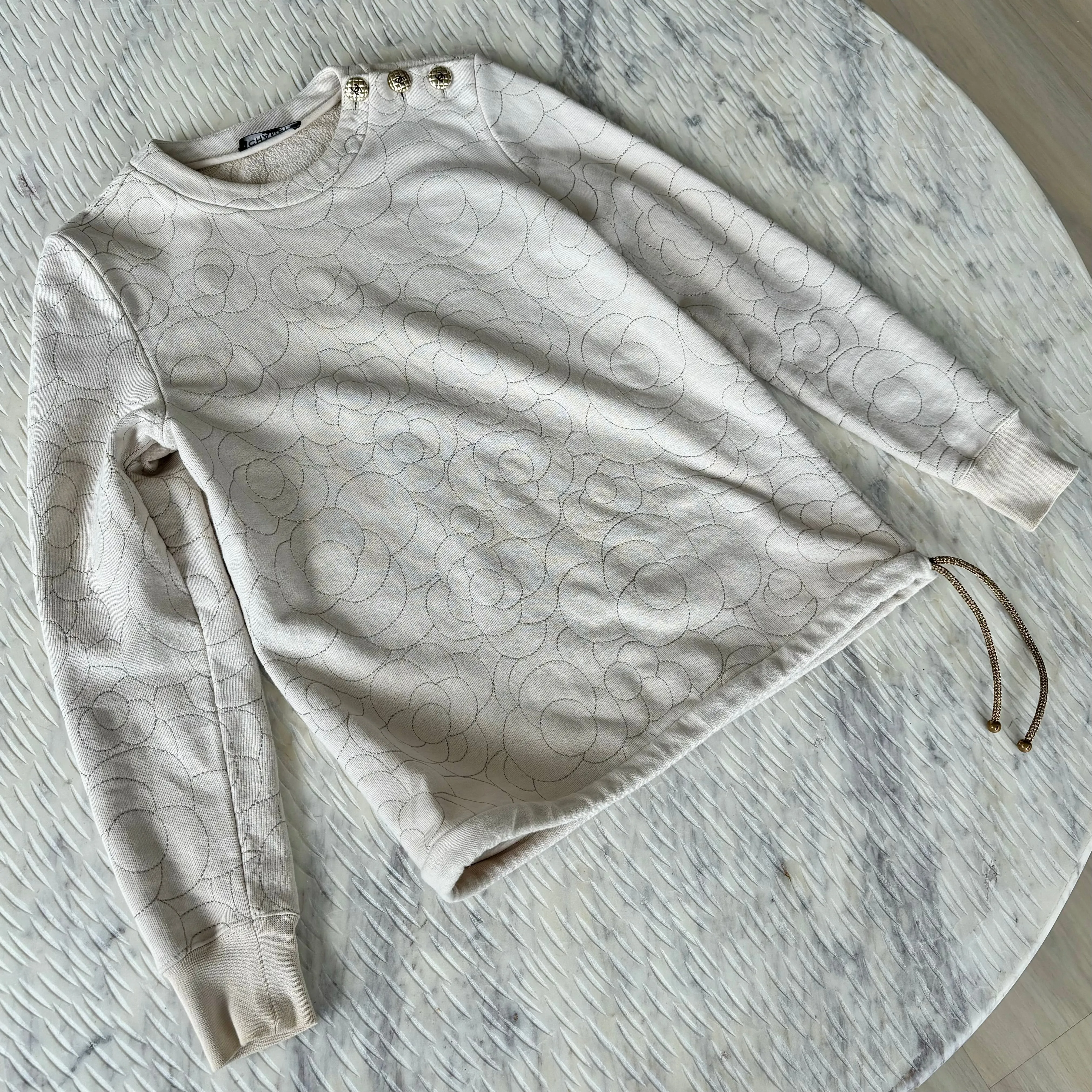 CHANEL BEIGE CAMELLIA EMBROIDERED SWEATSHIRT