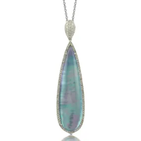 Doves Ivory Sky Blue Lapis, Mother of Pearl, & Diamond Elongated Pear Shaped Pendant Necklace