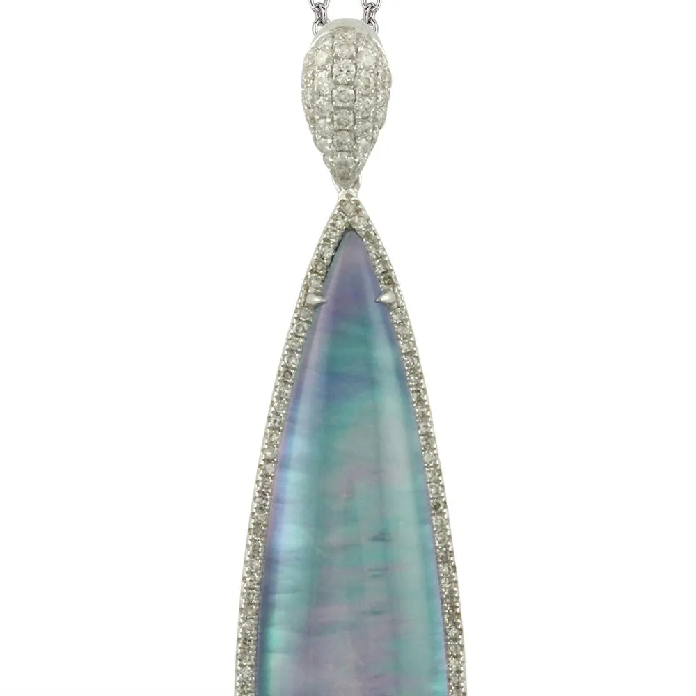 Doves Ivory Sky Blue Lapis, Mother of Pearl, & Diamond Elongated Pear Shaped Pendant Necklace