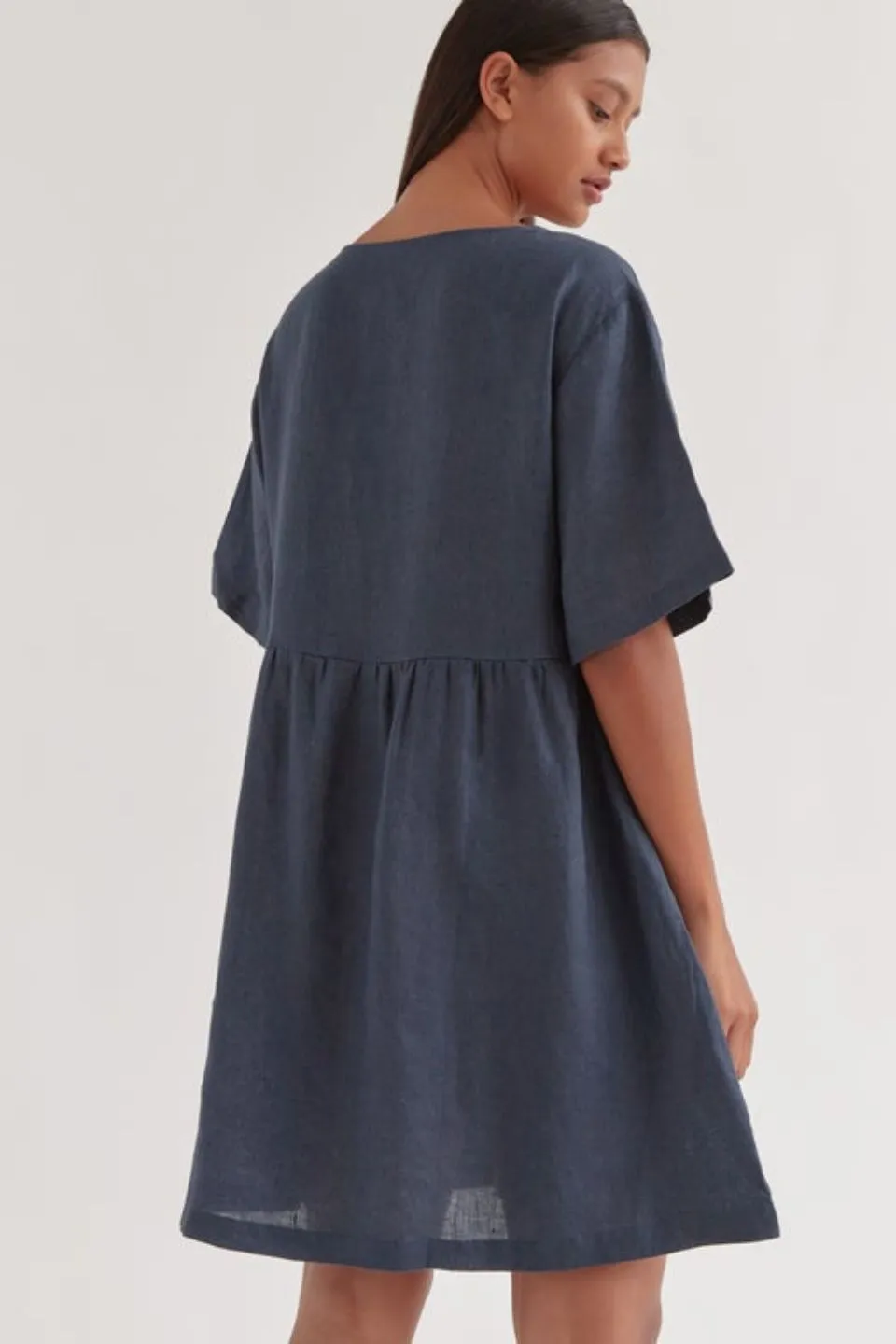 Drawn Linen Slate SS Smock Mini Dress