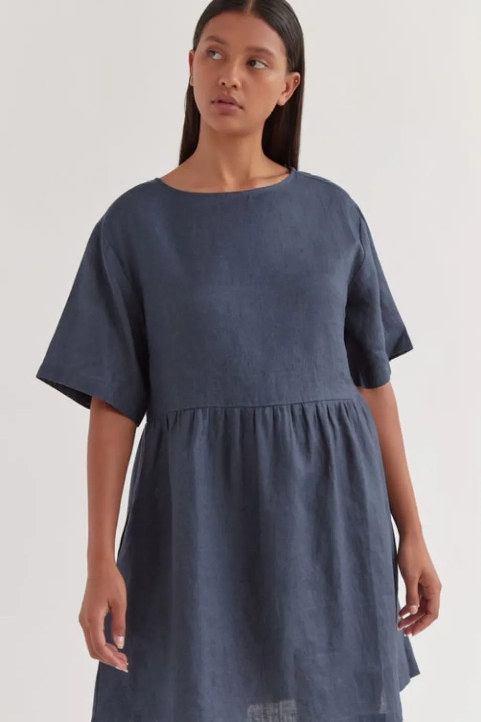 Drawn Linen Slate SS Smock Mini Dress