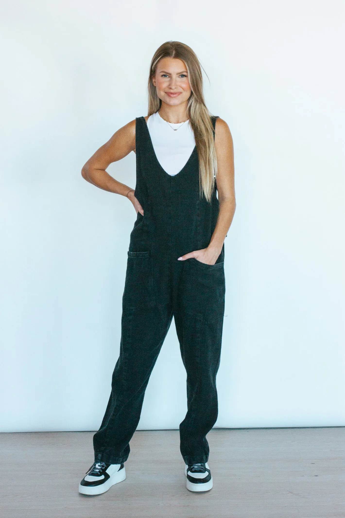 Fall Moments Black Washed Denim Jumpsuit