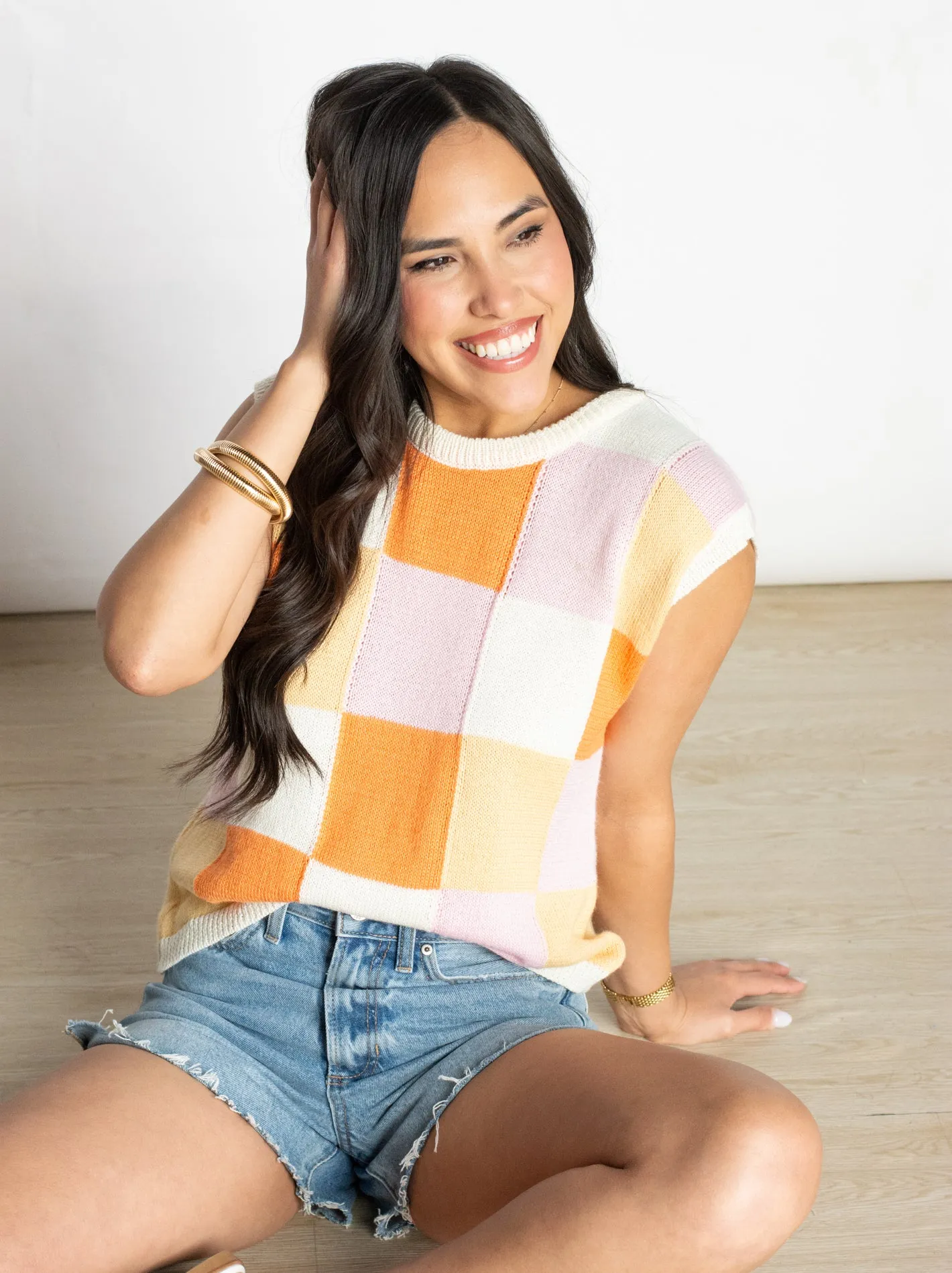 Fun Flirt Ivory Orange Checkered Top