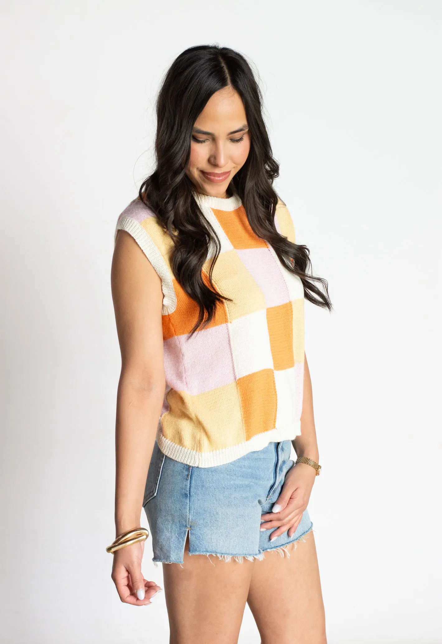 Fun Flirt Ivory Orange Checkered Top