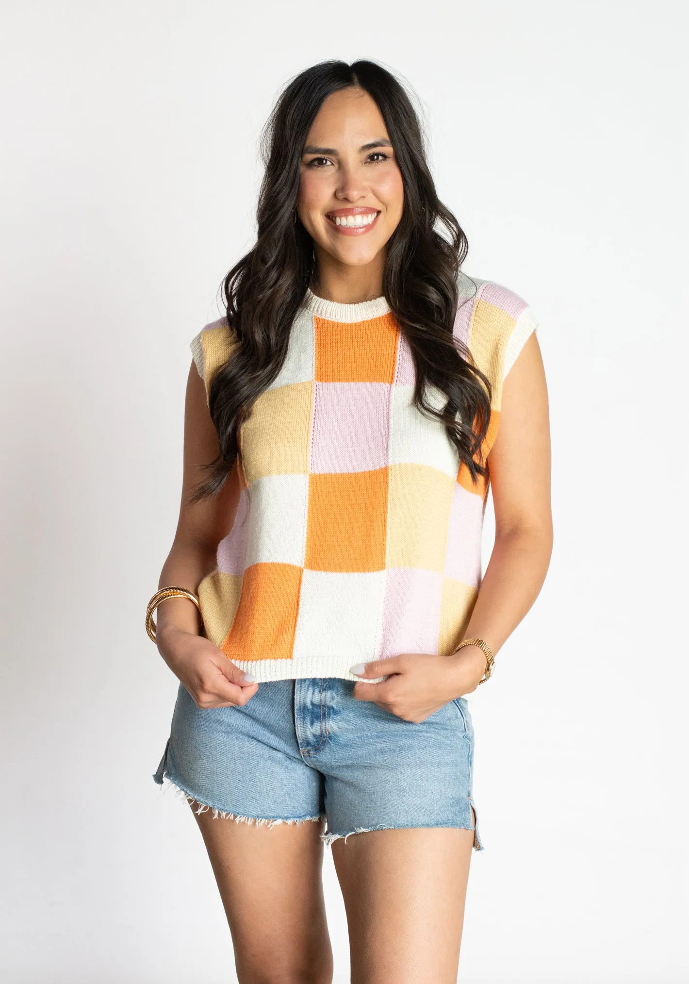 Fun Flirt Ivory Orange Checkered Top