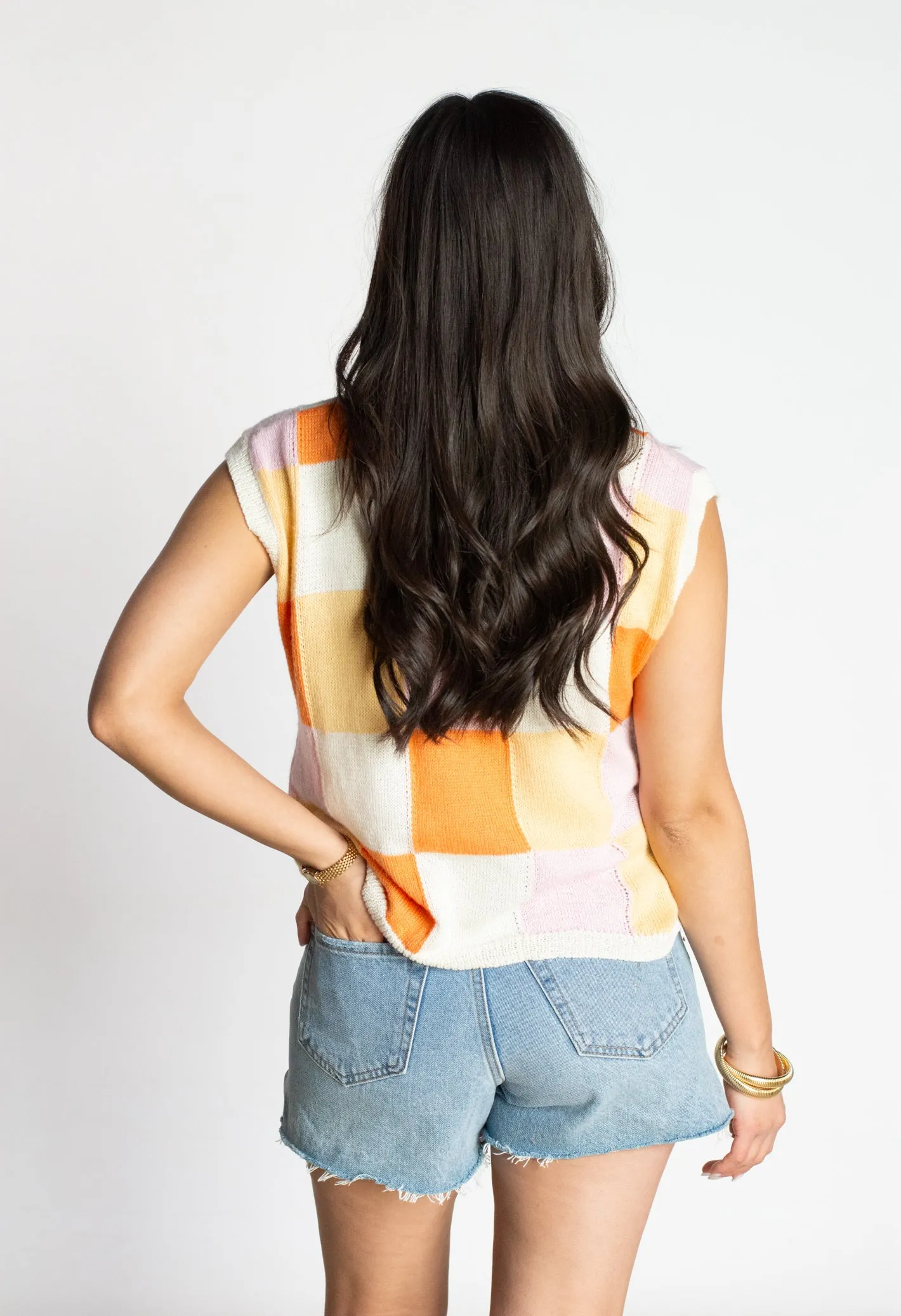 Fun Flirt Ivory Orange Checkered Top