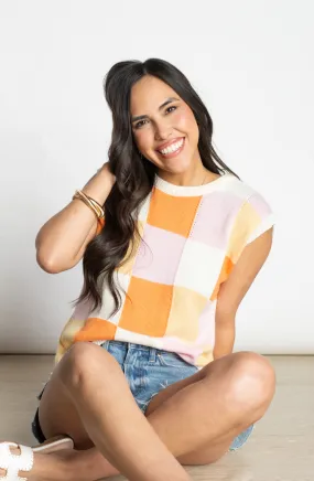 Fun Flirt Ivory Orange Checkered Top