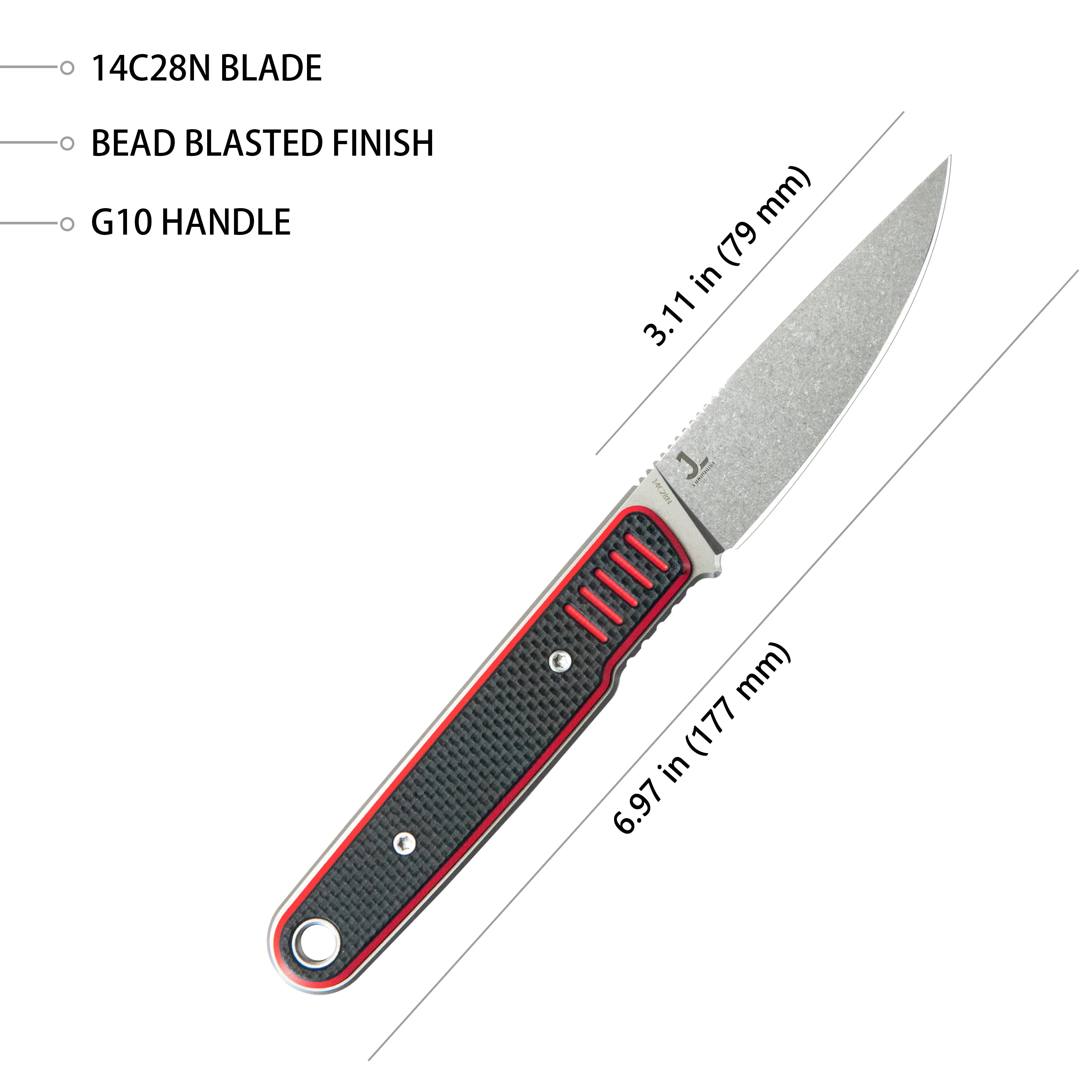 JL Drop Point Fixie Every Day Carry Fixed Blade Knife Red Black G-10 3.11'' Drop Point Beadblast 14C28N KU356D