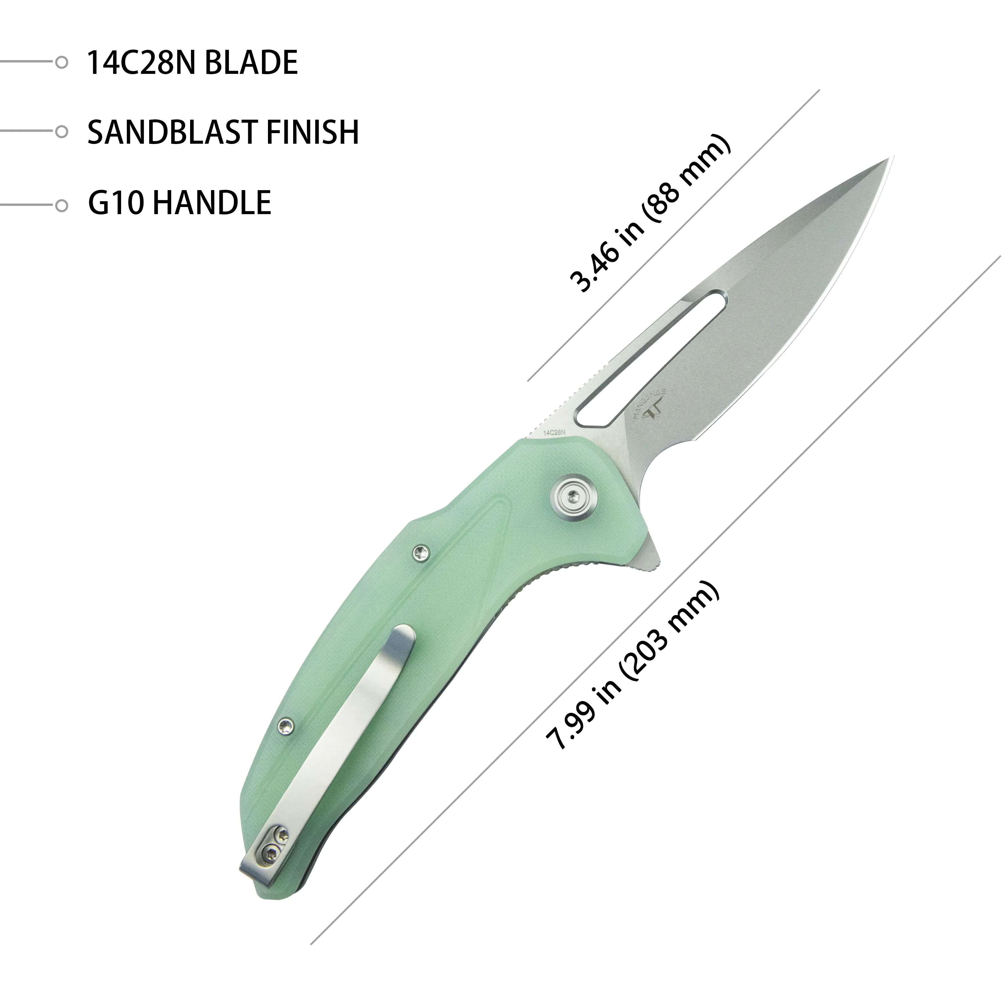 Nautilus Flipper Knife Jade G10 Handle 3.46 Silver Sandblast 14C28N KU372B