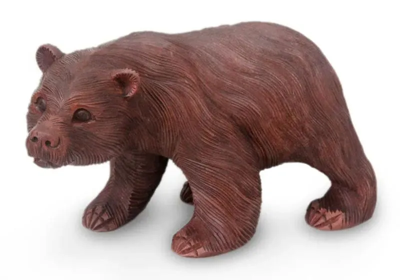 Novica Curious Brown Bear Wood Sculpture