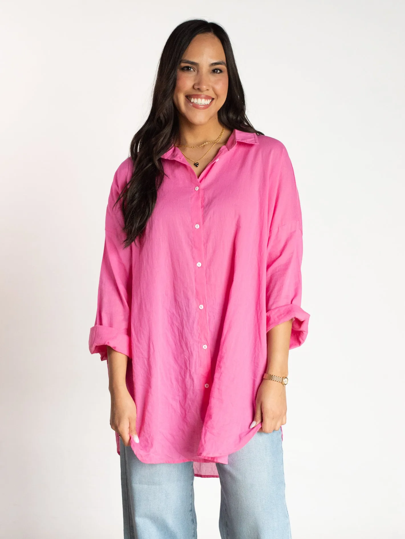 Pretty Darling Pink Oversized Button Down Top