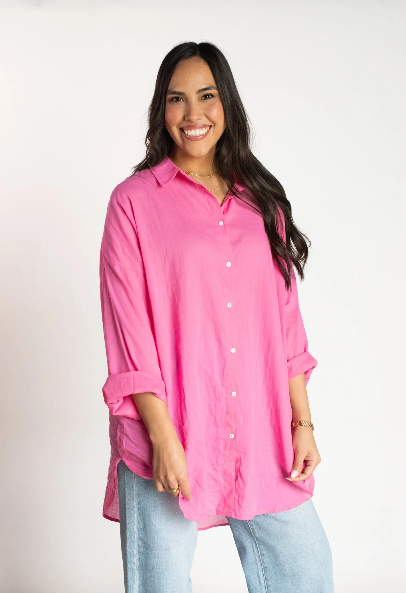 Pretty Darling Pink Oversized Button Down Top