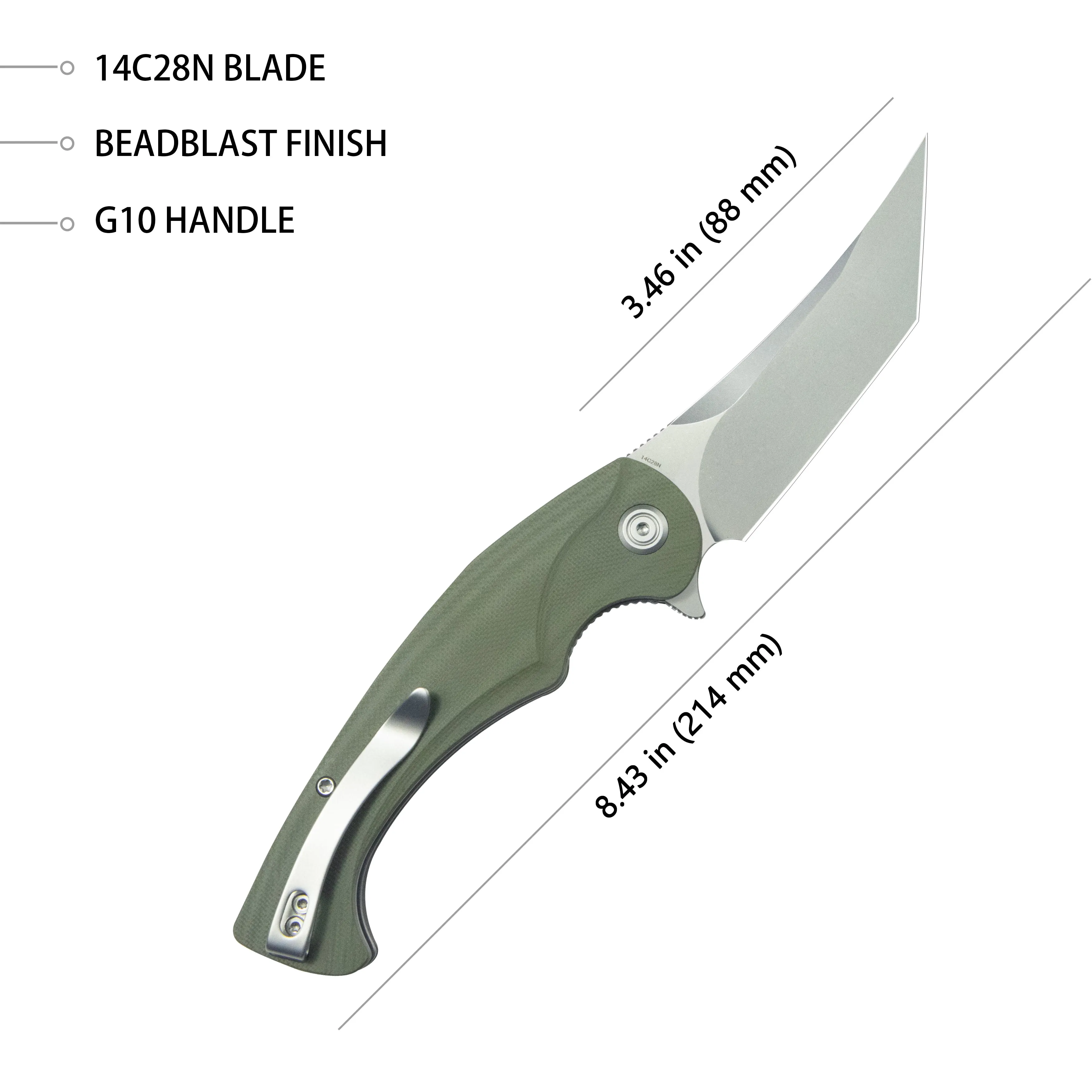 Scimitar Tanto Liner Lock Hunting Folding Knife Green G10 Handle 3.46 Beadblast 14C28N KU175A