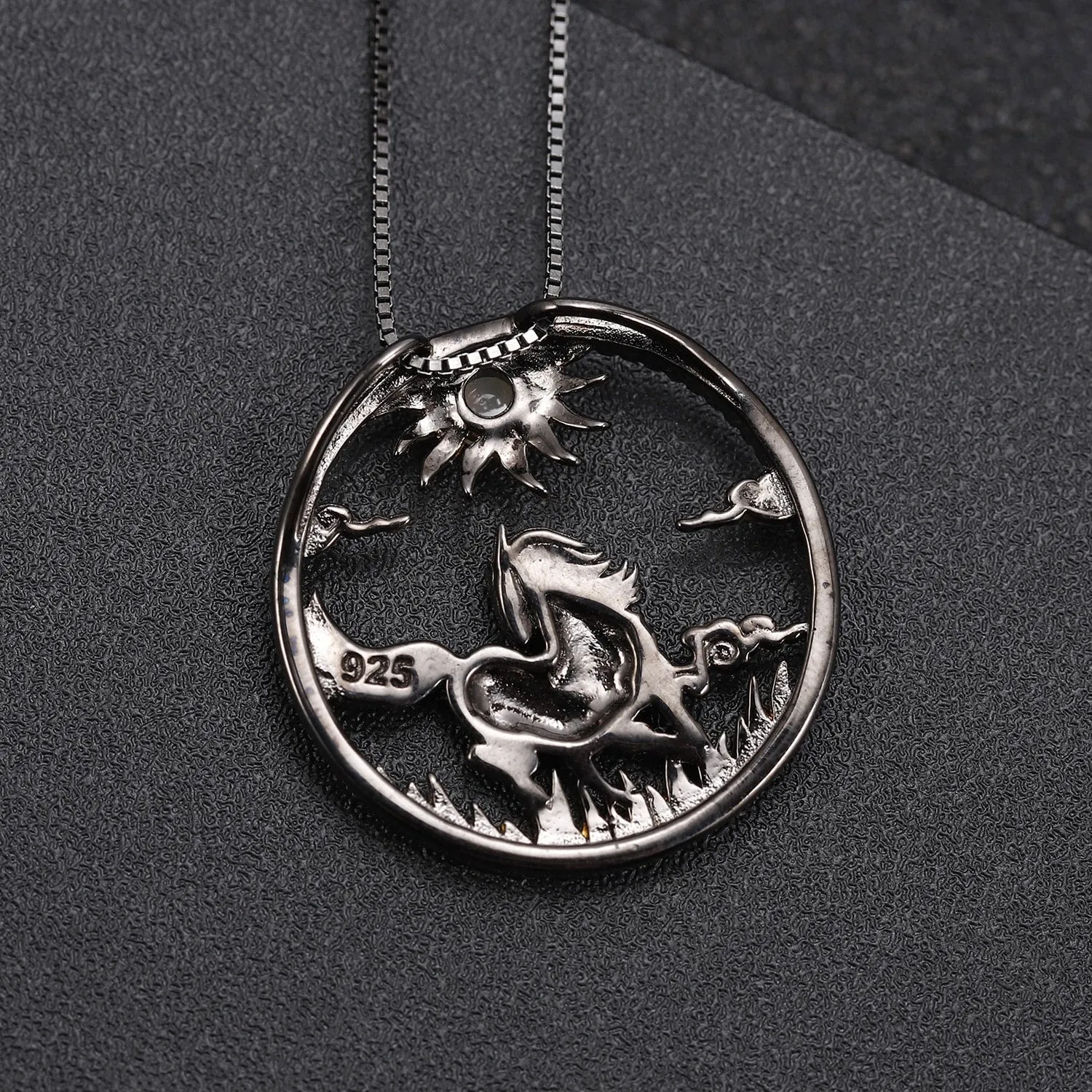 Two-Tone Black Gold CZ Round Horse Sun Pendant Necklace