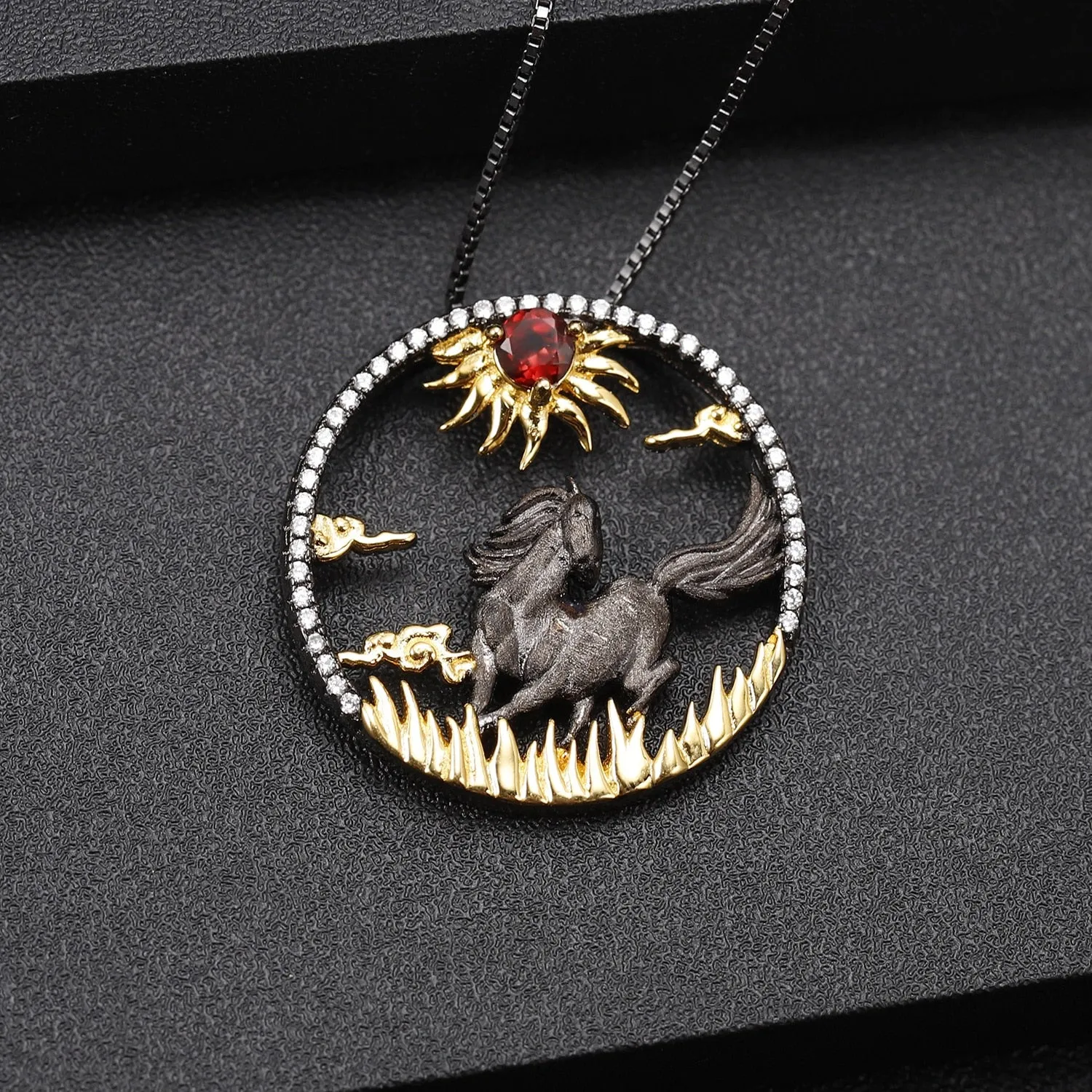 Two-Tone Black Gold CZ Round Horse Sun Pendant Necklace