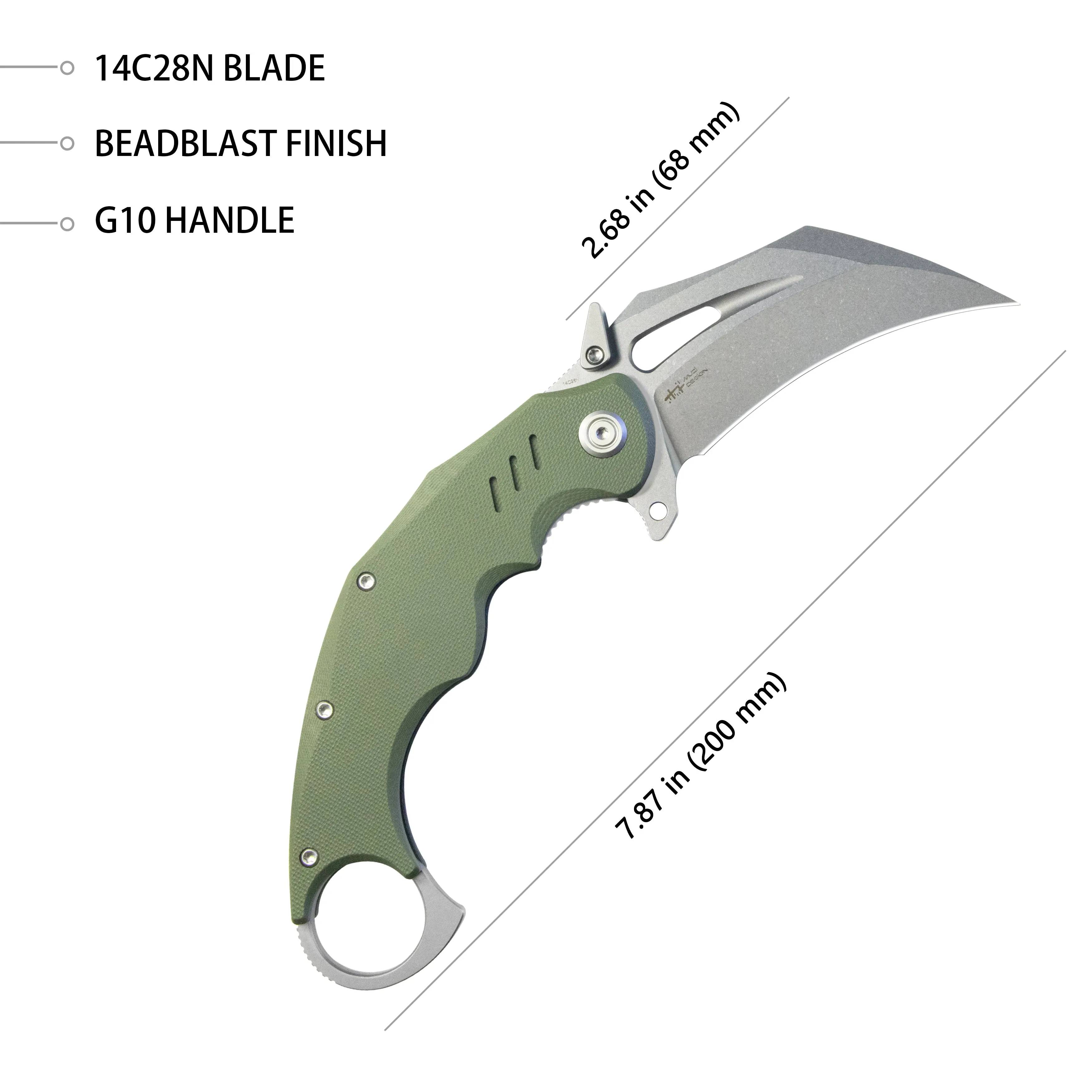 Wrath Karambit Folding Knife Green G-10 Handle 2.68 Beadblast 14C28N Blade KU261B